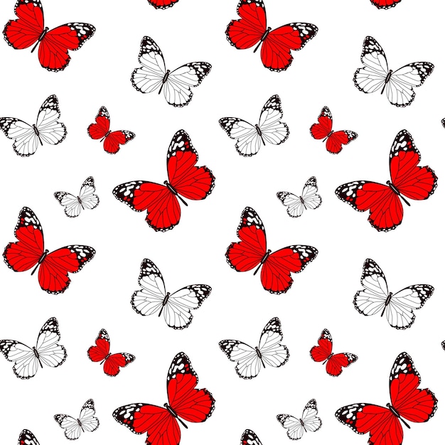 Naadloze patroon getekend witte en rode vlinders op een witte achtergrond