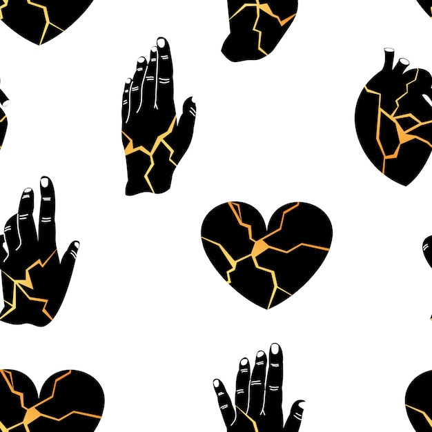 Naadloze patroon gouden vectorillustratie van Kintsugi Black menselijke hand hart in vlakke stijl Restauratie van oude gerechten Een stijlvol element voor uw behang banner afdrukontwerp