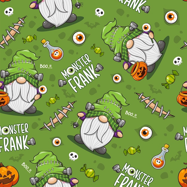 Naadloze patroon Halloween Monster Frankenstein Gnome, Cute Cartoon afbeelding