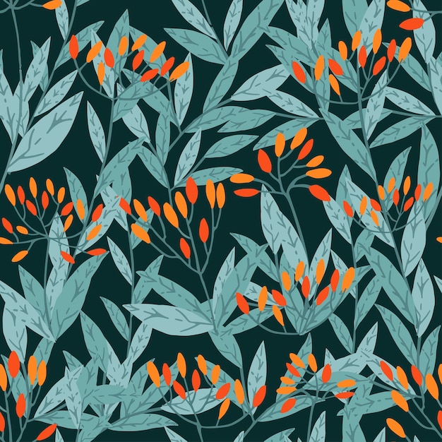 Naadloze patroon hand getekende boomtakken met bladeren en bessen botanische bloemen bloemen hand getekende Scandinavische stijl kunst design element platte vectorillustratie