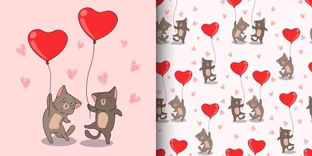 Naadloze patroon kawaii kat tekens dragen rode hart ballon voor valentijn dag