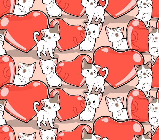 Naadloze patroon kawaii katten en gelei harten voor valentijnsdag