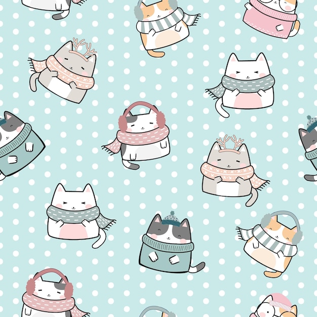 Naadloze patroon kawaii schattige katten tekenfilm dieren achtergrond vectorillustratie