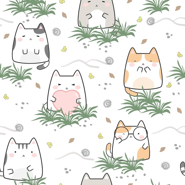 Naadloze patroon kawaii schattige katten tekenfilm dieren achtergrond vectorillustratie