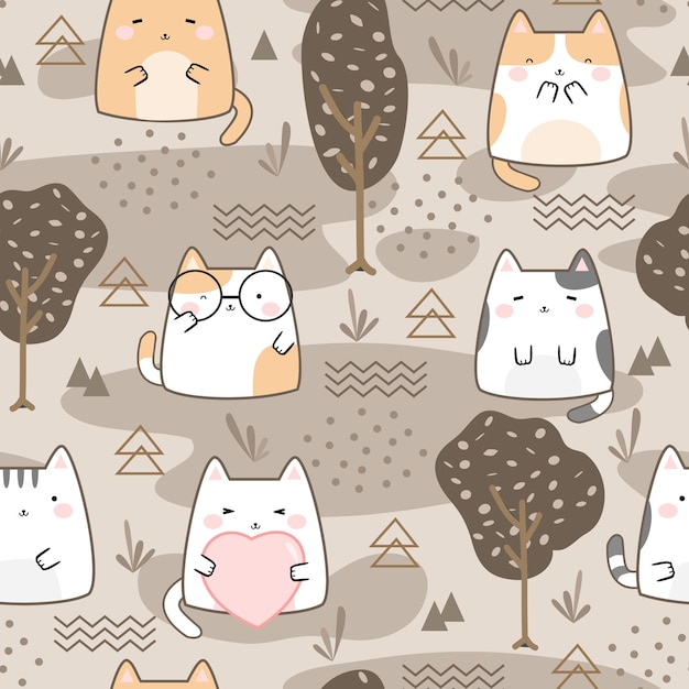 Naadloze patroon kawaii schattige katten tekenfilm dieren achtergrond vectorillustratie