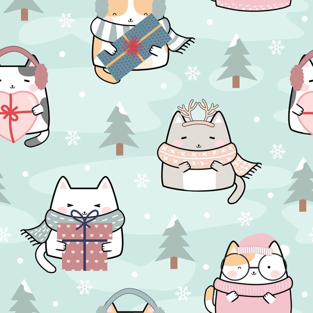 Naadloze patroon kerst kawaii schattige katten tekenfilm dieren achtergrond vectorillustratie