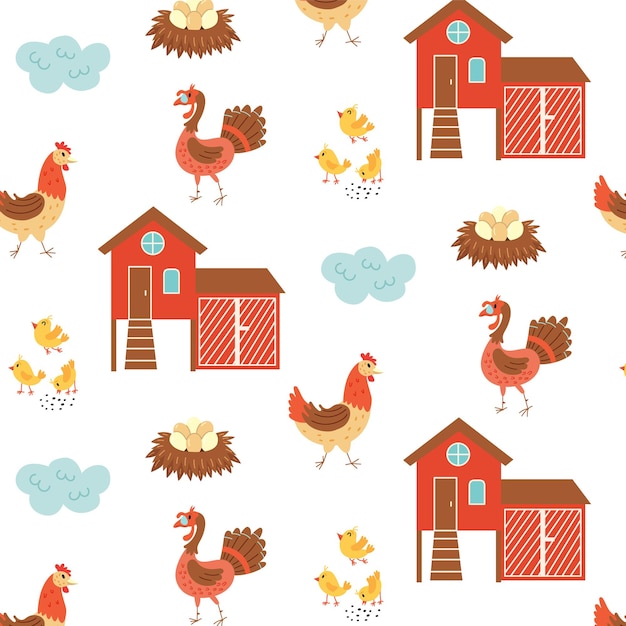 Naadloze patroon kippenhok Turkije boerderij vogels. Repetitieve achtergrond met een rustiek motief. Vector hand tekenpapier, kinderkamer ontwerp behang