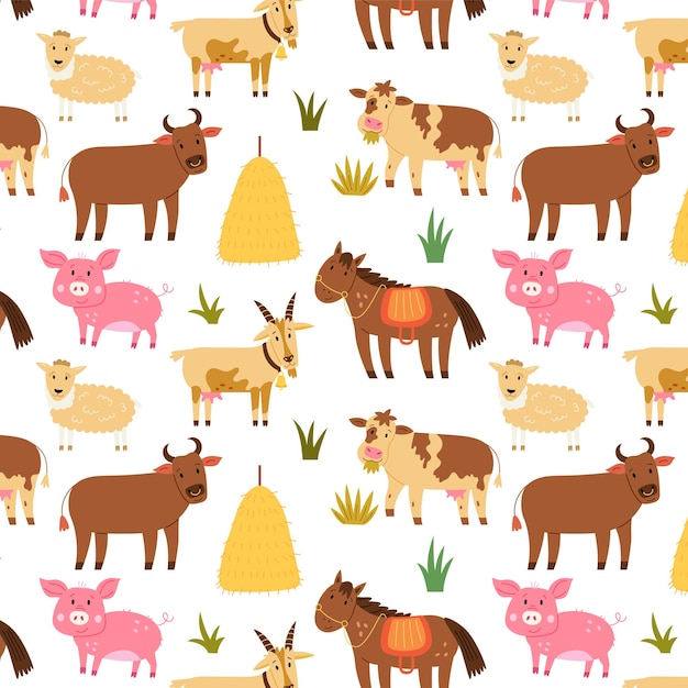 Naadloze patroon landbouwhuisdieren paard varken schapen koe os. Repetitieve achtergrond met een rustiek motief. Vector hand tekenpapier, kinderkamer ontwerp behang