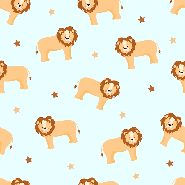 Naadloze patroon Leeuw schattige tekenfilm, vectorillustratie van een Afrikaans dier. Achtergrond voor het afdrukken van texturen, kleding of verpakkingen voor kinderen.