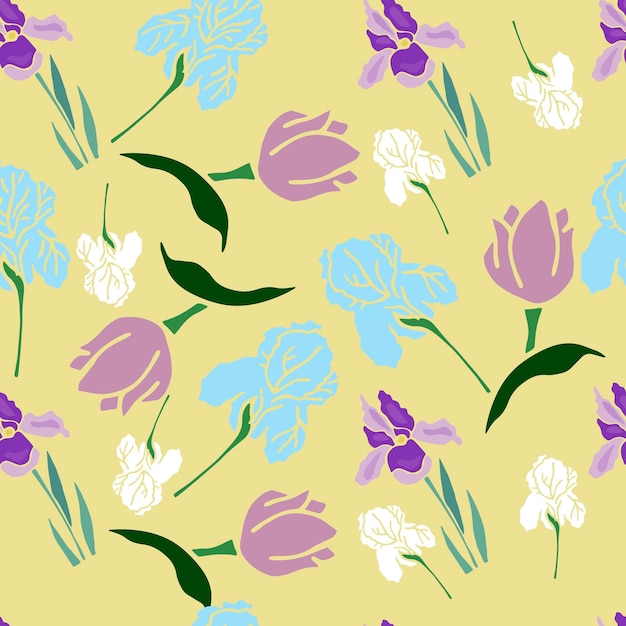 Naadloze patroon lente bloemen irissen en tulpen
