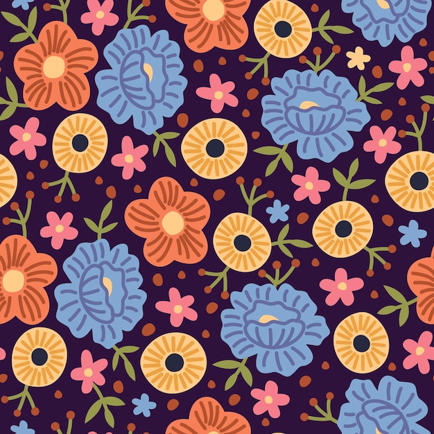 Naadloze patroon Lentebloemen Hand getrokken decoratieve bloemen achtergrond zomer weide boeket geel blauw en oranje bloesem decor textiel inpakpapier botanisch behang vector print