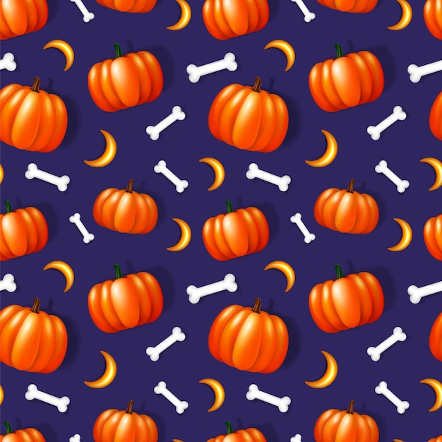 Naadloze patroon met 3d-pompoenen gouden halve maan en botten op paarse achtergrond halloween wallpaper