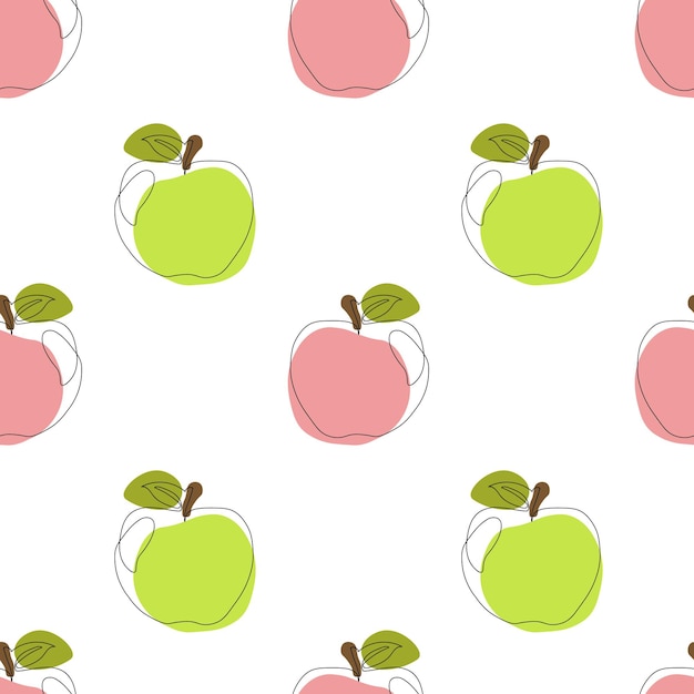 Naadloze patroon met appel op witte achtergrond continu een lijntekening appel zwarte lijntekeningen op witte achtergrond met kleurrijke vlekken vegan concept