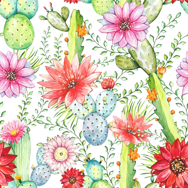 Naadloze patroon met aquarel cactussen en bloemen