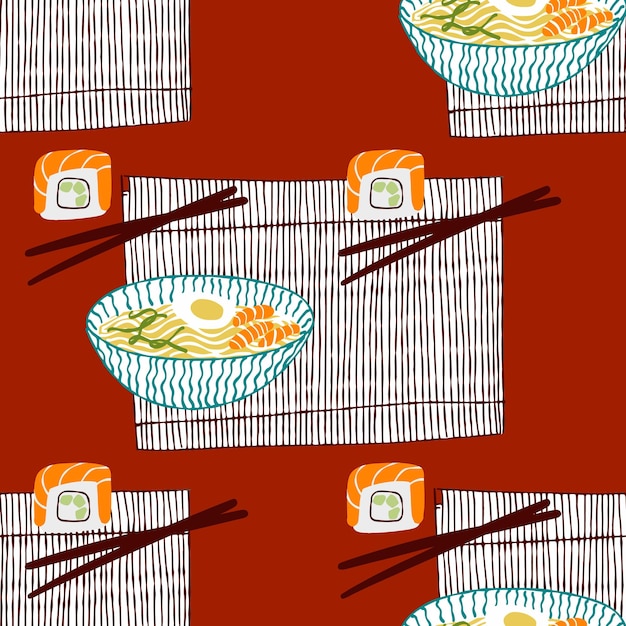 Naadloze patroon met Aziatisch eten keuken soepnoedels en sushi roll illustratie