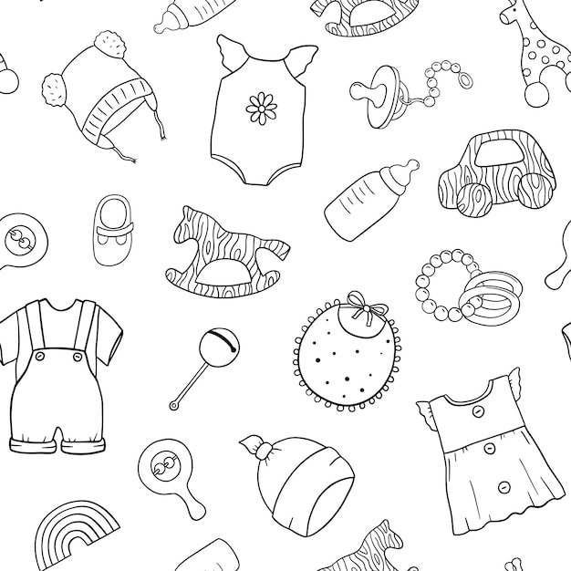 Vector naadloze patroon met baby schattige kleding en speelgoed doodles