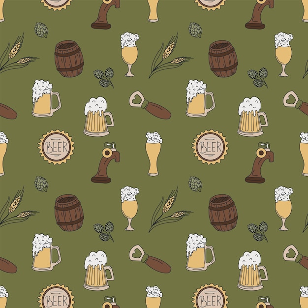 Naadloze patroon met bierpullen en spikelets Kleur handgetekende platte vectorillustratie