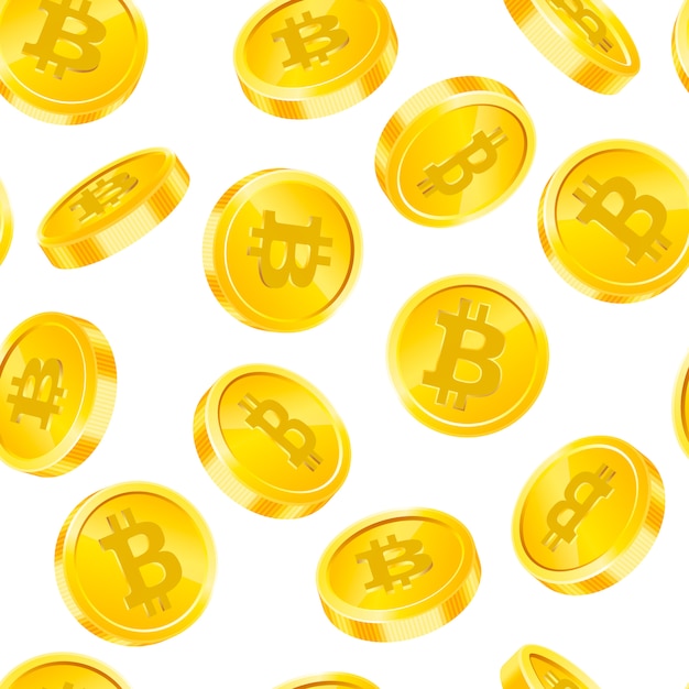 naadloze patroon met Bitcoin gouden munten in verschillende hoeken op witte achtergrond. Geld concept. Symbool van cryptovaluta, blockchain-technologie