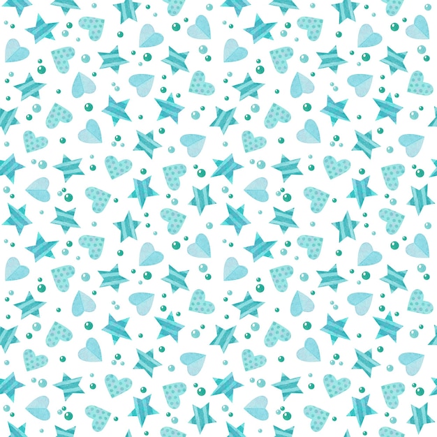 Naadloze patroon met blauwe harten en sterren schattige aquarel clipart voor kinderfeest decoratie babyborrels naadloze achtergrond op witte achtergrond