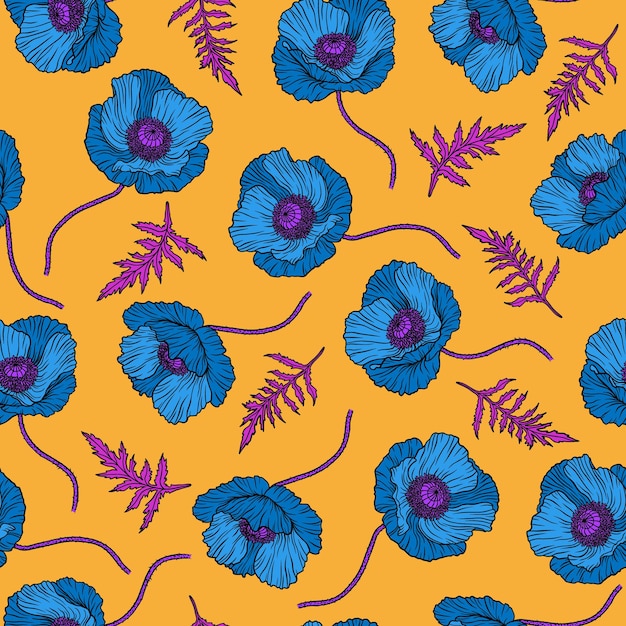 Naadloze patroon met blauwe papaver bloemen Papaver Hand getrokken lijn kunst schets vectorillustratie sierlijke elegante zomer achtergrond Decor voor Anzac dag eindeloze textuur voor textiel mode verpakking