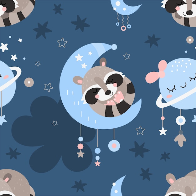 Naadloze patroon met boho wasbeer slapen op de maan, planeten, de ruimte, sterren in bohemien stijl.