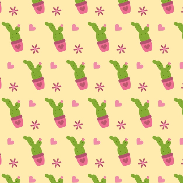 Naadloze patroon met cactus in de bloempot en roze hartjes een gele achtergrond vectorillustratie