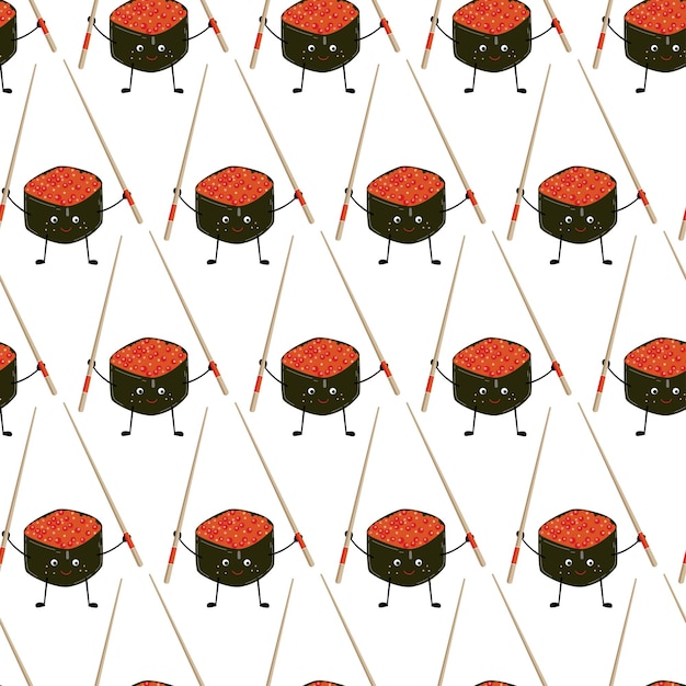 Vector naadloze patroon met cartoon sushi met kaviaar en eetstokjes