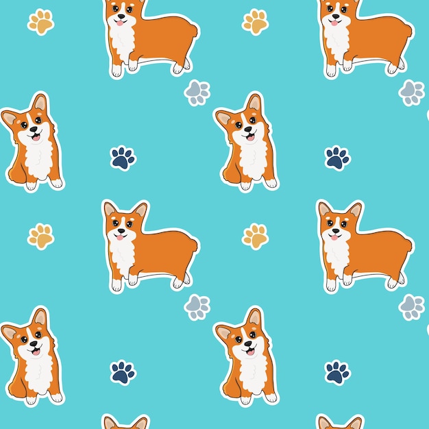 Naadloze patroon met corgi en poten Cartoon huis huisdier set schattige puppy's voor afdrukken posters en briefkaart Vector corgi dierlijke achtergrond grappige kleine hondje naadloze patroon op blauwe achtergrond