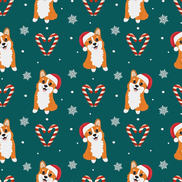 Naadloze patroon met corgi's in kerstman hoed en karamel achtergrond voor inpakpapier wenskaarten en seizoensgebonden ontwerpen prettige kerstdagen en gelukkig nieuwjaar