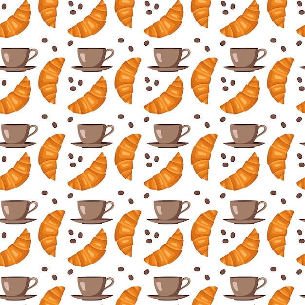 Naadloze patroon met croissants kopjes schotels en koffiebonen Leuke print met gebak en drankjes voor café en restaurant menu's textiel papier en design platte vectorillustratie