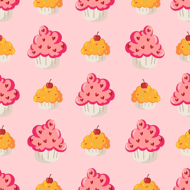 Naadloze patroon met cupcakes op een roze achtergrond.