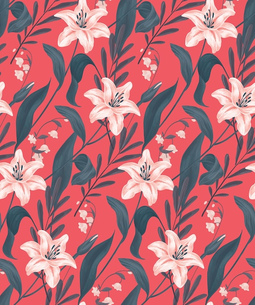 Naadloze patroon met delicate lily bell bloemen en verschillende bladeren vrouwelijke vintage print met hand getrokken planten op een rode achtergrond floral vector oppervlaktedessin
