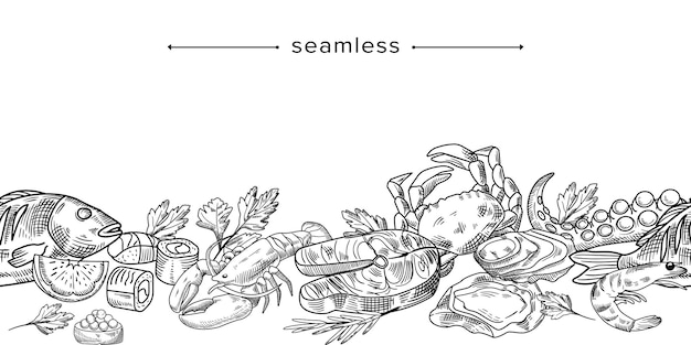 Vector naadloze patroon met doodle zeevruchten samenstelling, met de hand getekende vis, schijfje citroen, kreeft, garnalen en krab. grens