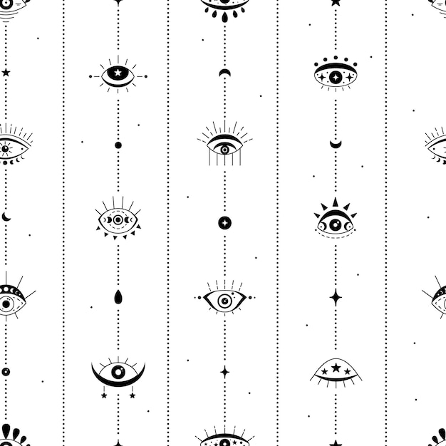 Naadloze patroon met esoterische hemelse symbool van boze oog met maanstanden maan. Hamsa zwart magisch oog, decorelement. vector illustratie
