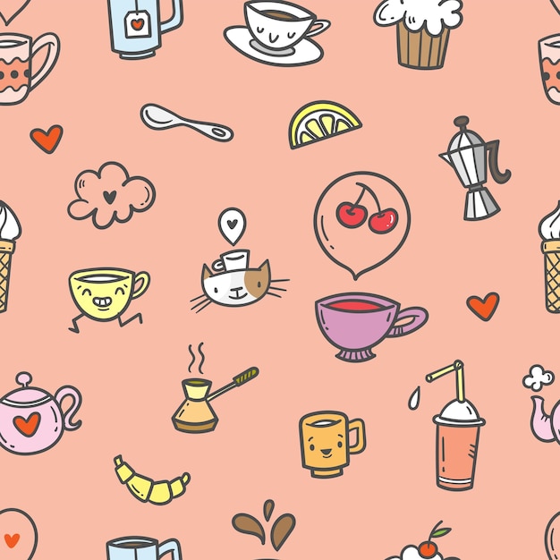 Naadloze patroon met eten, drinken en gebruiksvoorwerpen op roze achtergrond Doodle café wallpaper