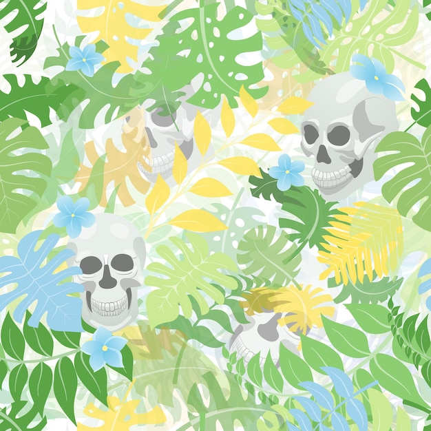 Naadloze patroon met exotische jungle planten en menselijke schedels tropische palmbladeren en bloemen illustratie voor Mexicaanse vakantie dag van de doden Dia de los Muertos groen en geel op witte achtergrond
