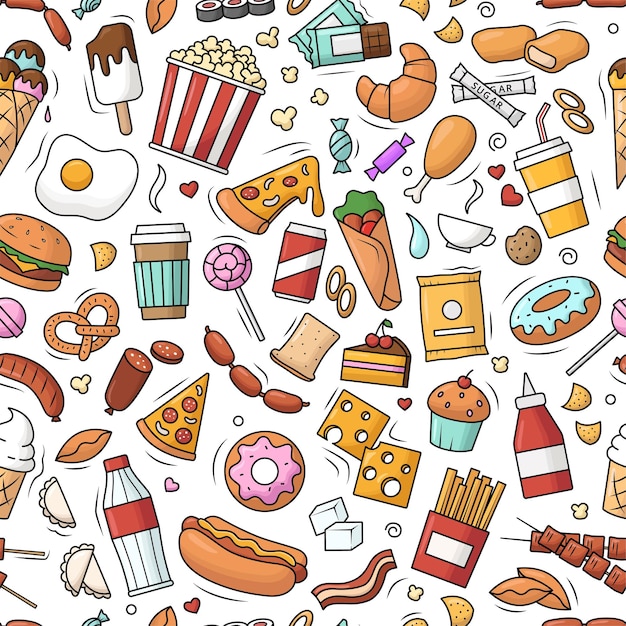 Vector naadloze patroon met fastfood. vectorkrabbelillustratie van hamburger, chocolade, popcorn in kleur.