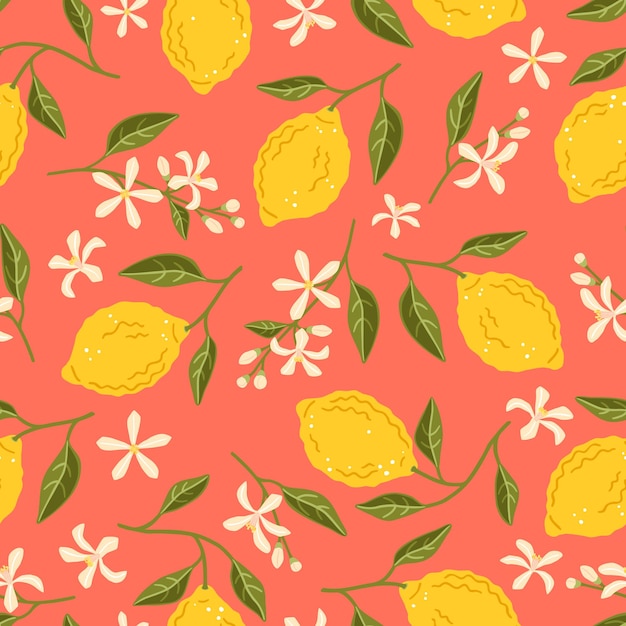 Naadloze patroon met gele citroenen. Rijp fruit, bloemen en bladeren van citroen. Bloemen vector achtergrond
