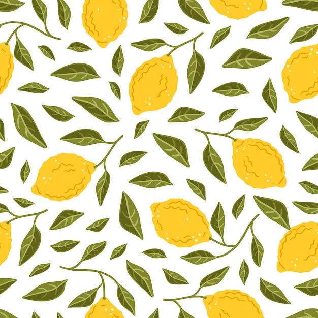 Vector naadloze patroon met gele citroenen. rijpe vruchten en bladeren van citroen. bloemen vector achtergrond