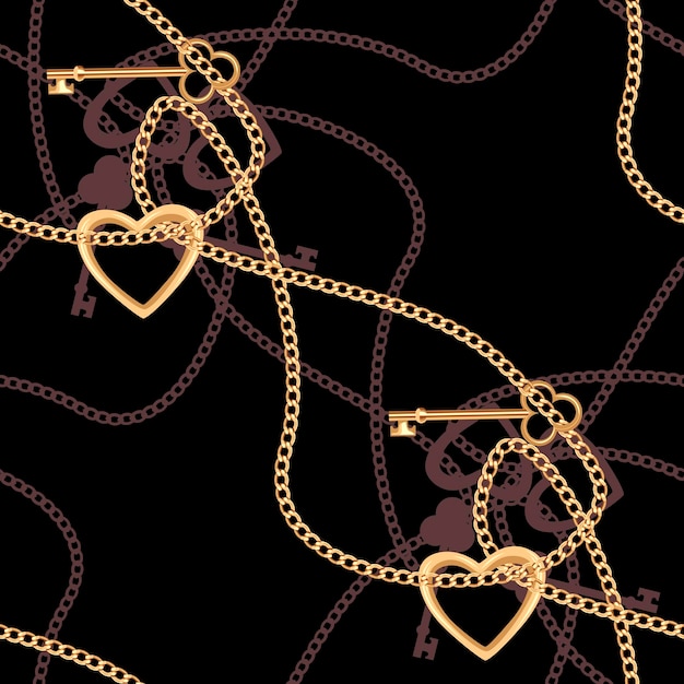 Naadloze patroon met gouden ketting met hart en sleutel hanger. Trendy vectorillustratie.