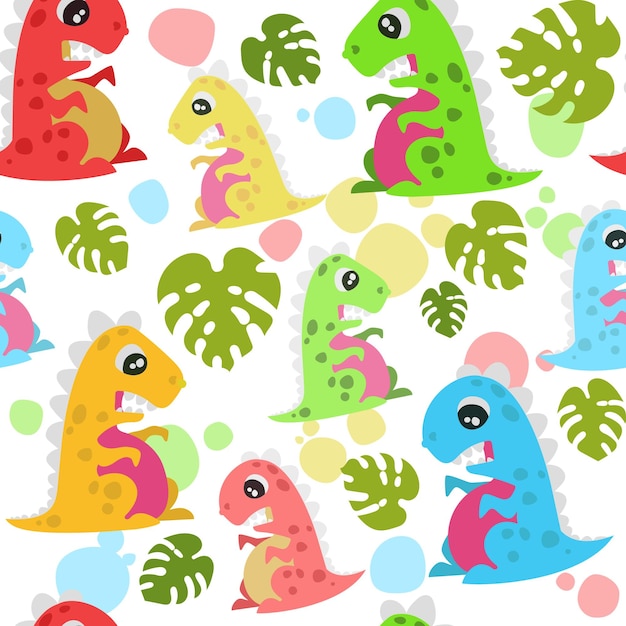 Naadloze patroon met grappige cartoon kleurrijke dinosaurus karakter en tropische bladeren kinderen achtergrond