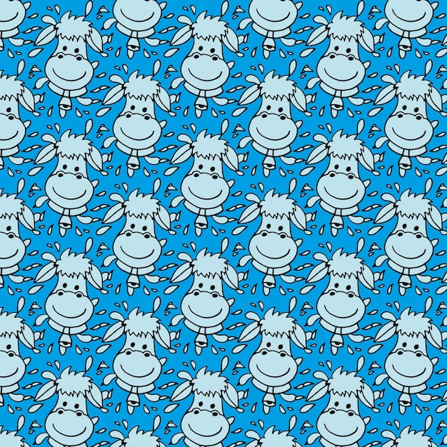 Vector naadloze patroon met grappige gezicht koe en melk splash geïsoleerd op een witte achtergrond