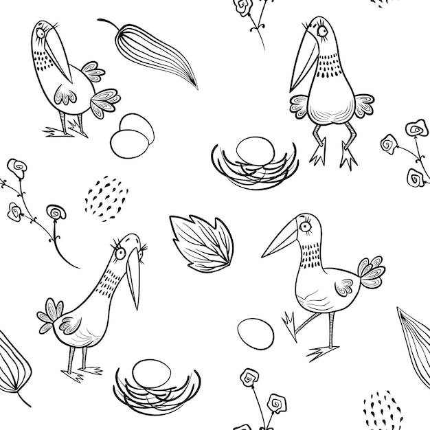 Naadloze patroon met grappige vogels eieren en bladeren op een witte achtergrond in kaderstijl