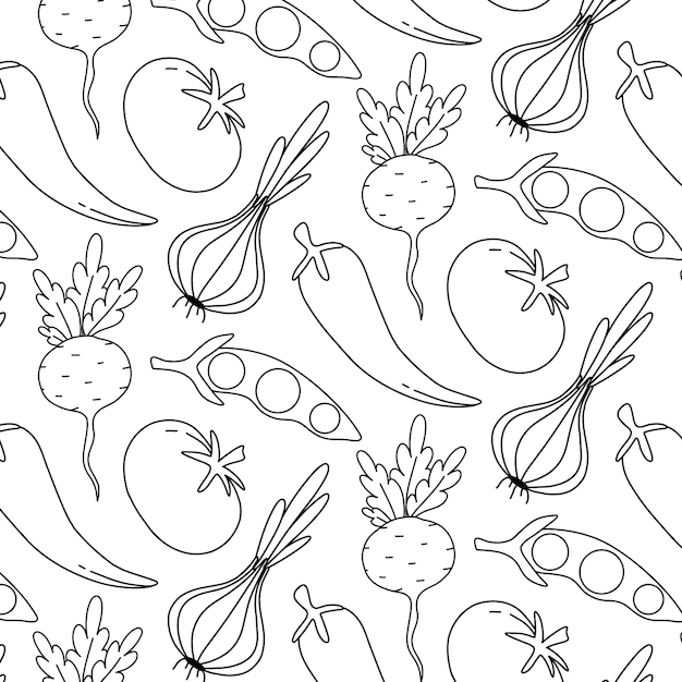 Naadloze patroon met groenten in doodle stele Patroon met paardengewassen in een lineaire stijl Moderne print met groenten Vector illustratie