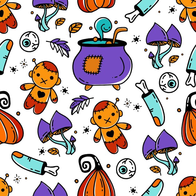 Naadloze patroon met Halloween-elementen Doodle stijl vector ontwerp illustratie op wit