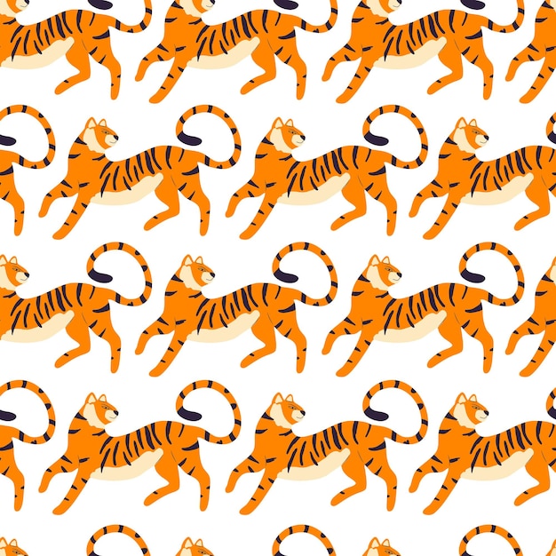Naadloze patroon met hand getrokken exotische grote kat tijger op crème achtergrond kleurrijke platte vectorillustratie