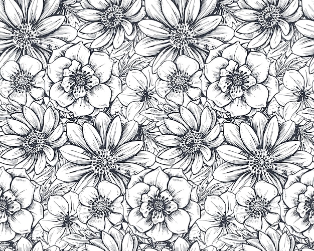 Naadloze patroon met hand getrokken lentebloemen en planten in schetsstijl.