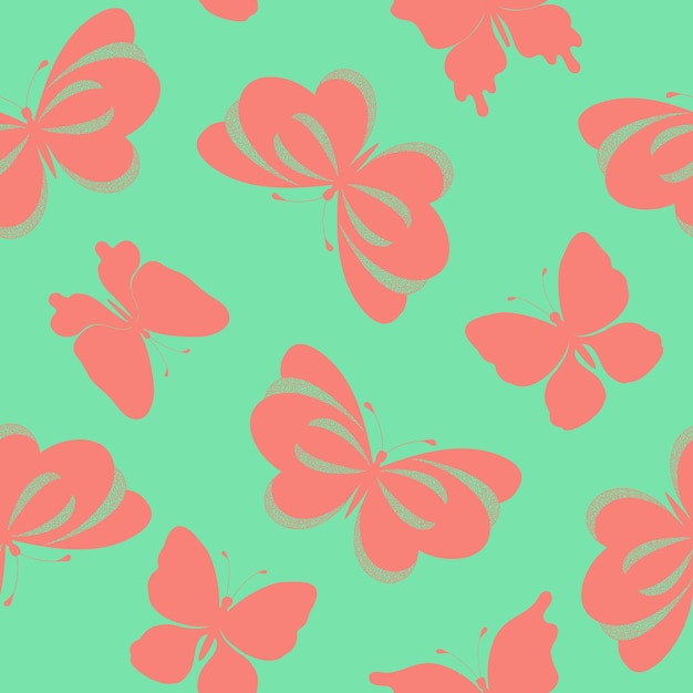 Naadloze patroon met hand getrokken roze vlinders silhouetten op groene achtergrond