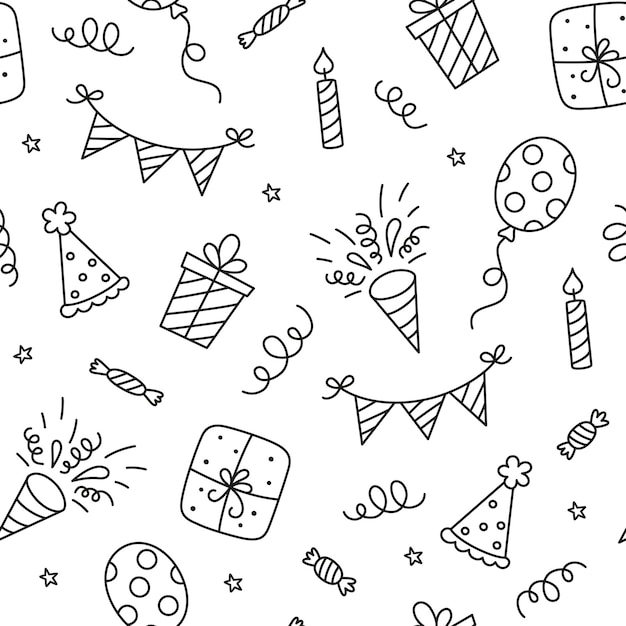 Naadloze patroon met Happy Birthday doodles. Schets van feestdecoratie, geschenkdoos en ballonnen. Kinderen tekenen. Hand getekend vectorillustratie op witte achtergrond.