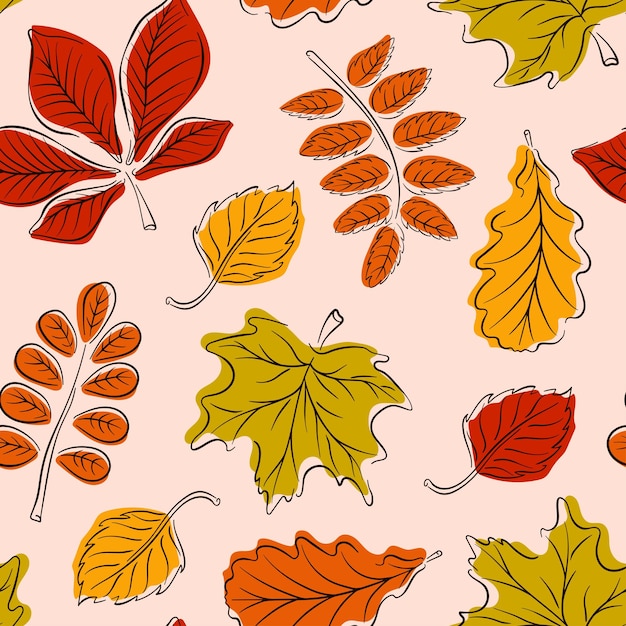 Vector naadloze patroon met herfstbladeren in lijn kunststijl ideaal voor achtergronden kaarten cadeaupapier home decor vectorillustratie